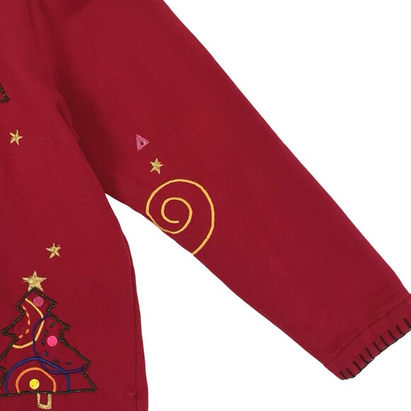 Vintage Holiday Cotton Jacket Button Front Christmas Tree Embellished Size P XL - Picture 3 of 5